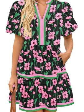 Navy Floral Babydoll Dress with Pink & Green Trim